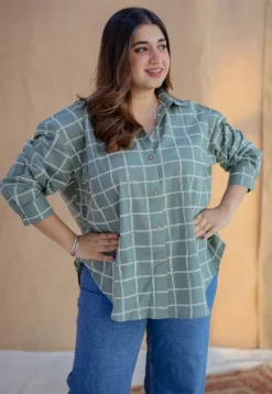 Ruhi Sage Green Dabu Slub Cotton Loose Shirt