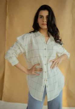 Ruhi White Block Printed Cotton Loose Shirt