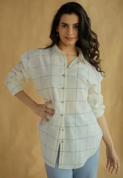 Ruhi White Block Printed Cotton Loose Shirt