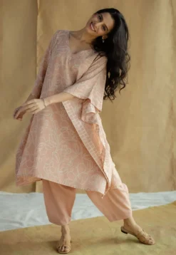 Sadiya Peach Hand Block Print Slub Cotton Anti-Fit Kaftan