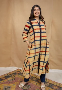 Safira Cream Clamp Dyed Cotton A Line Kurta