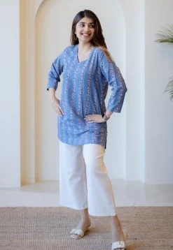 Sahar Blue Dabu Cotton Straight Short Top