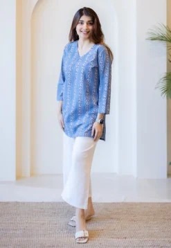 Sahar Blue Dabu Cotton Straight Short Top