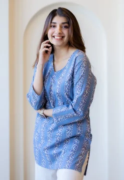 Sahar Blue Dabu Cotton Straight Short Top