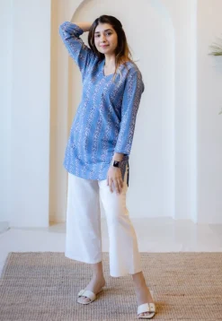 Sahar Blue Dabu Cotton Straight Short Top