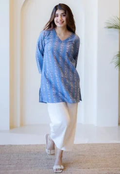 Sahar Blue Dabu Cotton Straight Short Top