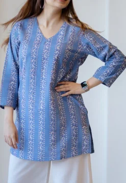 Sahar Blue Dabu Cotton Straight Short Top