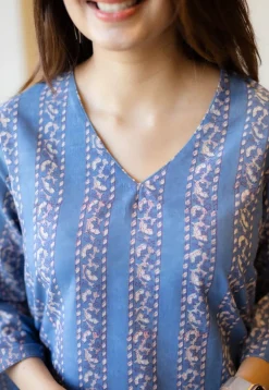 Sahar Blue Dabu Cotton Straight Short Top