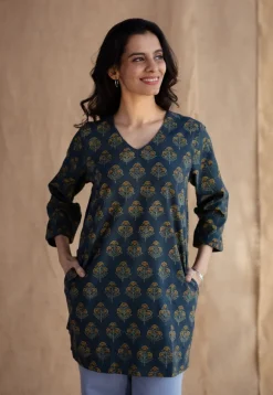 Sahar Dark Green Ajrakh Cotton Straight Short Top