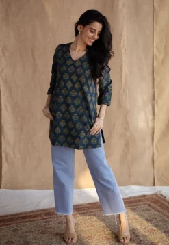 Sahar Dark Green Ajrakh Cotton Straight Short Top