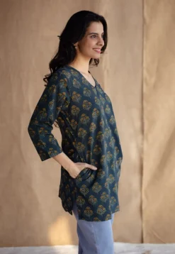 Sahar Dark Green Ajrakh Cotton Straight Short Top