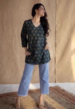 Sahar Dark Green Ajrakh Cotton Straight Short Top