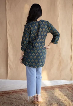 Sahar Dark Green Ajrakh Cotton Straight Short Top