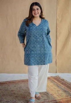 Sahar Indigo Ajrakh Cotton Straight Short Top
