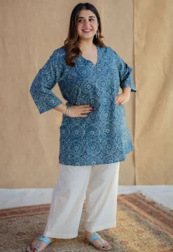 Sahar Indigo Ajrakh Cotton Straight Short Top