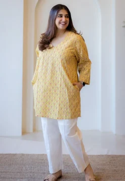 Sahar Yellow Sanganeri Cotton Straight Short Top