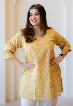 Sahar Yellow Sanganeri Cotton Straight Short Top