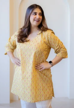 Sahar Yellow Sanganeri Cotton Straight Short Top