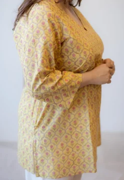 Sahar Yellow Sanganeri Cotton Straight Short Top
