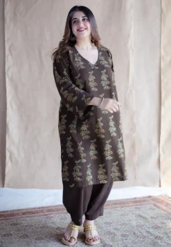 Saisha Brown Ajrakh Cotton Jhabba Kali Kurta with Hand Embroidery