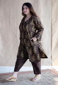 Saisha Brown Ajrakh Cotton Jhabba Kali Kurta with Hand Embroidery