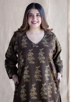 Saisha Brown Ajrakh Cotton Jhabba Kali Kurta with Hand Embroidery