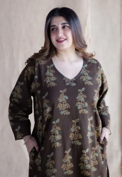 Saisha Brown Ajrakh Cotton Jhabba Kali Kurta with Hand Embroidery