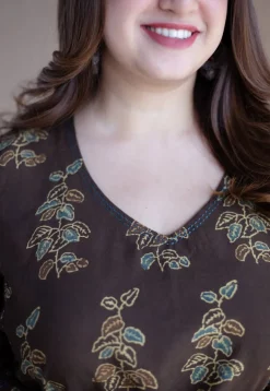 Saisha Brown Ajrakh Cotton Jhabba Kali Kurta with Hand Embroidery