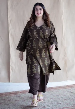 Saisha Brown Ajrakh Cotton Jhabba Kali Kurta with Hand Embroidery
