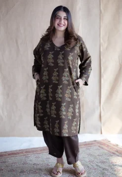 Saisha Brown Ajrakh Cotton Jhabba Kali Kurta with Hand Embroidery