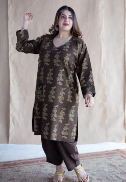 Saisha Brown Ajrakh Cotton Jhabba Kali Kurta with Hand Embroidery