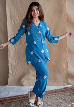 Samita Blue Straight Dabu Slub Cotton Co-ord Set (Set of 2)