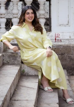 Samiyah Lime Green Hand Block Print Slub Cotton Shirt Dress