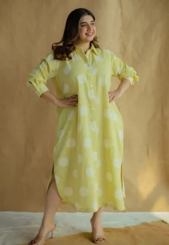 Samiyah Lime Green Hand Block Print Slub Cotton Shirt Dress