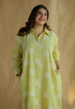Samiyah Lime Green Hand Block Print Slub Cotton Shirt Dress