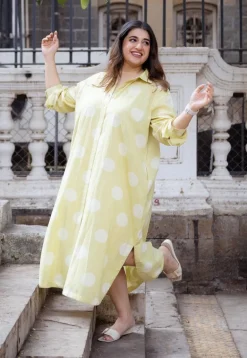Samiyah Lime Green Hand Block Print Slub Cotton Shirt Dress
