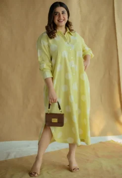 Samiyah Lime Green Hand Block Print Slub Cotton Shirt Dress