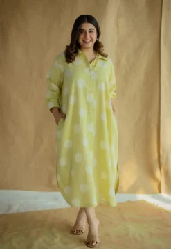 Samiyah Lime Green Hand Block Print Slub Cotton Shirt Dress