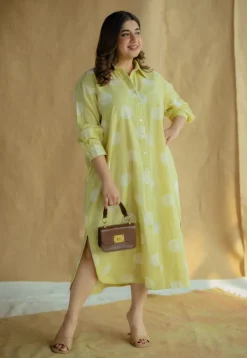 Samiyah Lime Green Hand Block Print Slub Cotton Shirt Dress