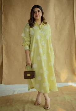 Samiyah Lime Green Hand Block Print Slub Cotton Shirt Dress