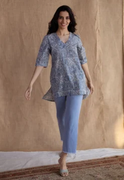 Saniya Blue Batik Cotton Straight Short Top