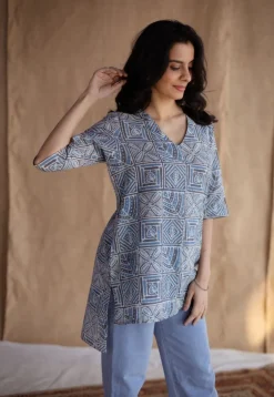Saniya Blue Batik Cotton Straight Short Top