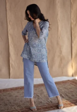 Saniya Blue Batik Cotton Straight Short Top