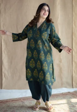 Sanya Green Ajrakh Cotton Straight Kurta with Hand Embroidery
