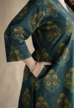 Sanya Green Ajrakh Cotton Straight Kurta with Hand Embroidery
