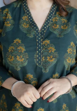 Sanya Green Ajrakh Cotton Straight Kurta with Hand Embroidery