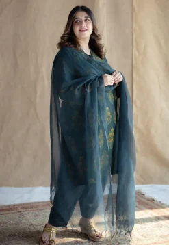 Sanya Green Ajrakh Cotton Straight Kurta with Hand Embroidery