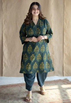 Sanya Green Ajrakh Cotton Straight Kurta with Hand Embroidery