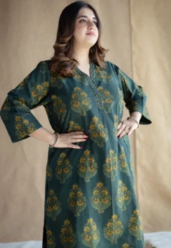 Sanya Green Ajrakh Cotton Straight Kurta with Hand Embroidery