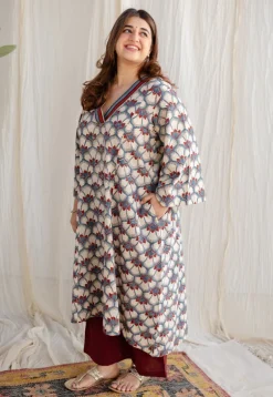 Sarah Off White Ajrakh Cotton A Line Kurta